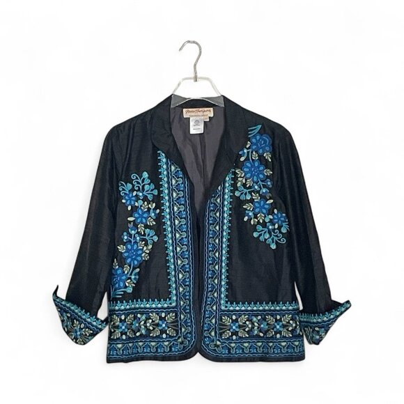 Norm Thompson Silk Jacket M Petite Floral Embroidered Boho Open Front Blazer - Picture 1 of 10